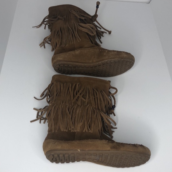 Minnetonka Brown Suede Leather Double Fringe Slide-on Moccasins Ankle Boots - Picture 5 of 10